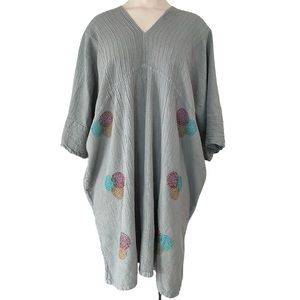 Kaftan Mini Dress Tunic V-Neck Artisan Handmade Cotton Sage Lagenlook Boho